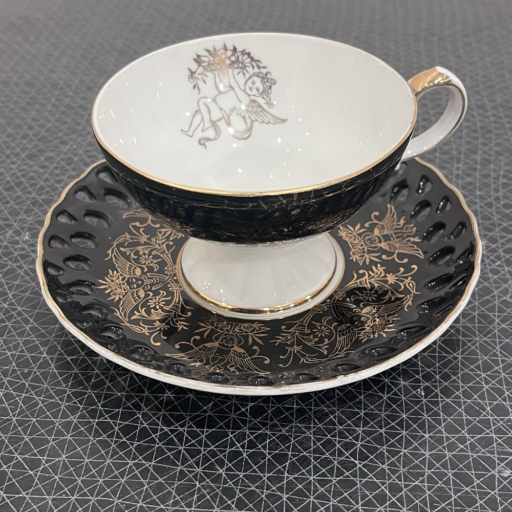 Tea Cup Lefton Cherub & Reticulated Saucer Hand Painted Footed Black, Gold Cupid